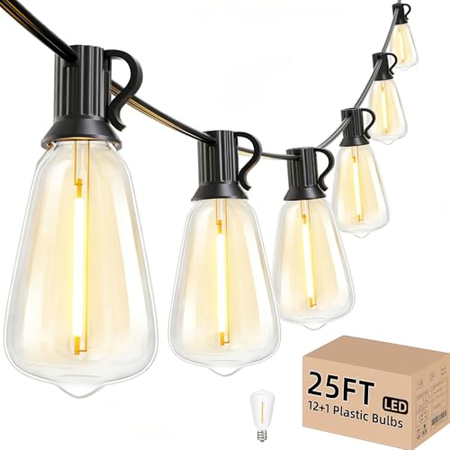 Svater Outdoor String Lights 25 FT, Patio Light with 13 LED ST38 Bulbs | Shatterproof Dimmable Vintage Edison Bulb, Connectable, Waterproof, Hanging For Outside, Backyard Cafe, Bistro,Warm White - size: 25FT