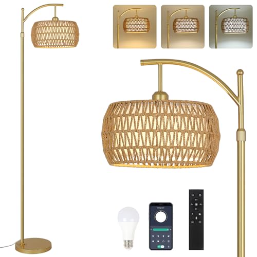 eyassi Arc Floor Lamp with 3 Color Temperatures, LED Gold Floor Lamp with Remote & Stepless Dimmable Bulb, Boho Standing Lamp with Rattan & Fabric Shades, Farmhouse Tall Lamp for Living Room Bedroom - style: Bohemian-Gold
