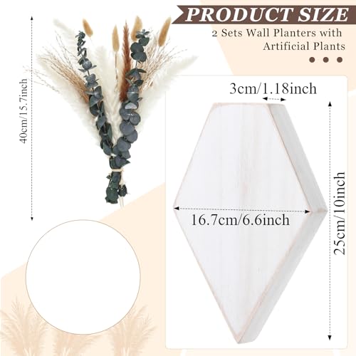 2 Pcs Bohemian Wooden Wall Planter Set with Pampas Grass Modern Farmhouse Wall Decor for Living Room, Bathroom, Bedroom, Office (White Distressed,Natural Style) - color: White Distressed, style: Natural Style