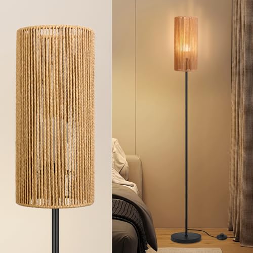 Ruiever Floor Lamp for Living Room,Farmhouse Floor lamp,Modern Standing lamp with Hand-Worked Rattan Shade (Straight Line Rattan Shade- 3 Color Bulb) - style: Straight Line Rattan Shade- 3 Color Bulb