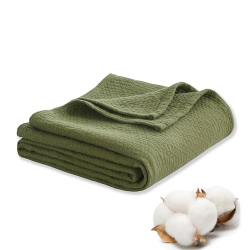 Premium 100% Cotton Blanket – All-Season Soft Breathable Bed Blanket for Twin Size – Lightweight Stylish Textured Throw for Bed– Giftable Cozy Bedding - color: Green, size: Twin(60" x 80")