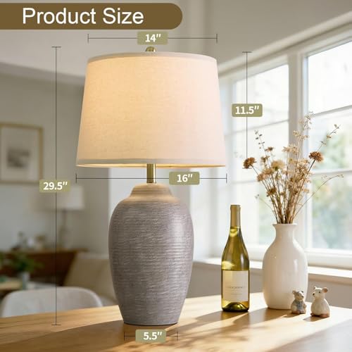 USumkky 29.5" Tall Vintage Ceramic Table Lamp with 5FT Cord - Single Large Rustic Farmhouse Bedside Lamp with Linen Shade & Natural Textured Finish, Nightstand Table Lamp for Bedroom End Table,Grey - color: 29.5" Grey