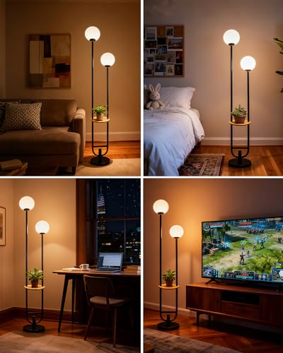 63IN 2-Globe Floor Lamp Dimmable Tall Standing Lamps with Table 3000K Warm White Unique Vintage Modern Mid Century Floor Lamp with 5Lbs Heavy Base for Living Room-Black - color: 2 Globe-Black