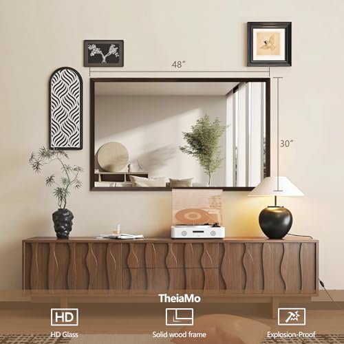 Walnut Wood Bathroom Mirrors for Wall Mounted, 48" x 30" Rectangle Rustic Wood Framed Wall Mirror, Decorative Farmhouse Mirror for Bathroom, Bedroom, Entryway, Horizontally/Vertically - color: Walnut, size: 48"L x 30"W