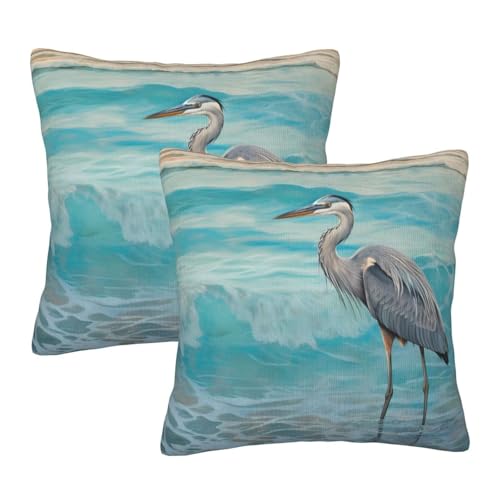 Grey Heron Turquoise Waves Throw Pillow Covers 18 X 18 Inch Set of 2 Pillow Cases Decoration Cushion Cover for Sofa Bedroom Living Room Outdoor - color: Grey Heron Turquoise Waves