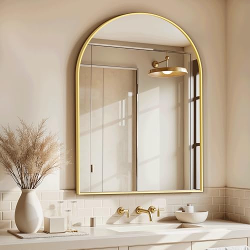 Arched Bathroom Mirror for Wall, 30" x 20" Gold Metal Frame Vanity Mirror, HD Glass Over Sink for Bathroom, Entryway, Bedroom - color: Gold, size: 30"L x 20"W