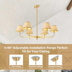 37" Boho Rattan Chandelier 6-light Farmhouse Rustic Industrial Pendant Light Fixtures with Wicker Lamp Shades, Adjustable Modern Brass Chandelier for Kitchen Island Dining Living Room Entryway