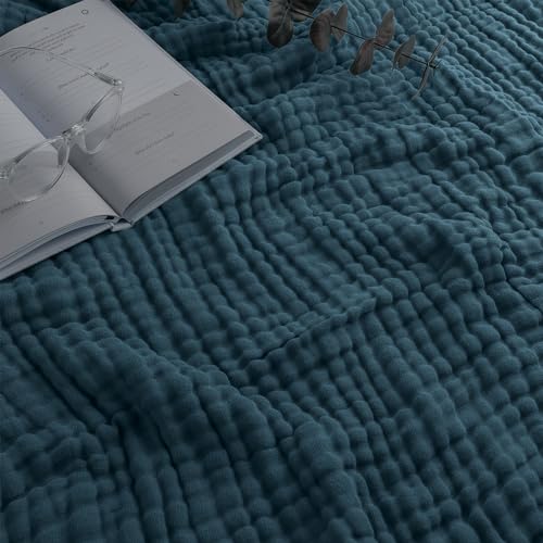 Comfy Cubs Muslin Throw Blanket - 50” x 60” Quilted Design - Lightweight, Breathable 6-Layer Gauze Fabric - Soft Cotton Blanket for Home or Travel - Packaged in Elegant Gift Box - Neptune - color: Neptune, size: Throw - 50" X 60"