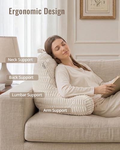 Blissful Diary Reading Pillow, Backrest Pillow with Shredded Memory Foam for Adult & Children, Designed for Bed and Couch Sitting Up, Includes Arms, Pockets and Washable Cover, Off White - color: Textured Off White, size: Standard(18inch)