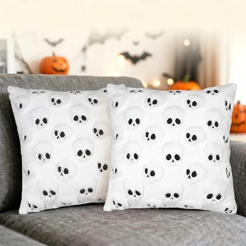 Halloween Throw Pillow Covers 18 in x 18 in, White Jacquard Plush Faux Fur Pillow Cases Embroidered Skull Couch Covers Set of 2 - color: White Skull