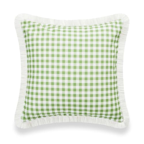 Hofdeco Premium Coastal Patio Indoor Outdoor Pillow Cover Only, 20"x20" Water Resistant for Backyard, Couch, Green Gingham Fringe - color: Green Plaid 20"x20", size: 20" x 20" (Pack of 1)