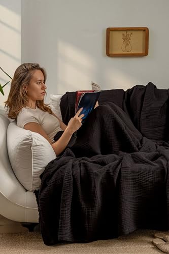 Muslin Blanket - Pure 100% Turkish Cotton Airy Soft Light Versatile Gauze Throw Blanket for Bed, Couch, Sofa (Black, Queen XL Size (95" x 95" inch)) - color: Black, size: Queen XL Size ( 95" x 95" inch )