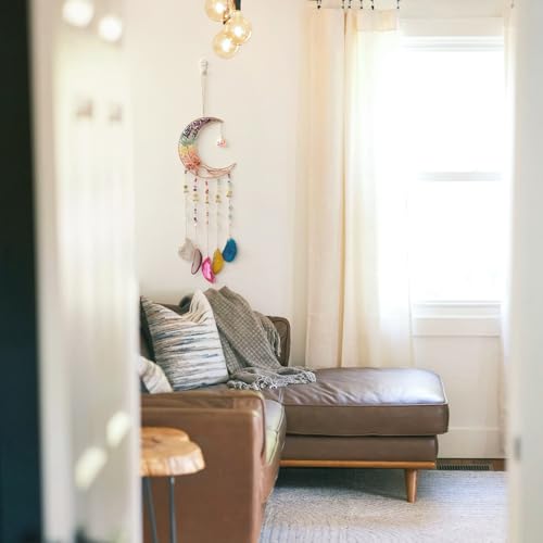 7 Chakra Wind Chimes Tree of Life Agate Moon Dream Catchers Hanging Ornament Natural Gem Agate Slice Crystal Wind Chime for Home Garden Decoration (Color) - color: Color