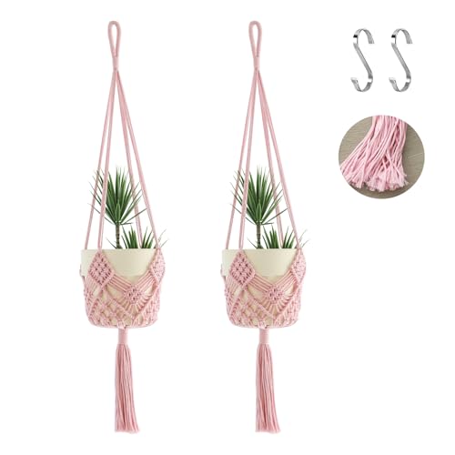Hanging Planter with Patterns,2Packs Macrame Plant Hangers Indoor Macrame for up to 8 inch Pot Crochet Boho Plant Hanger Holder for Indoor Outdoor with 2S Shaped Stainless Steel Hooks (Pearl Pink) - color: Pearl Pink