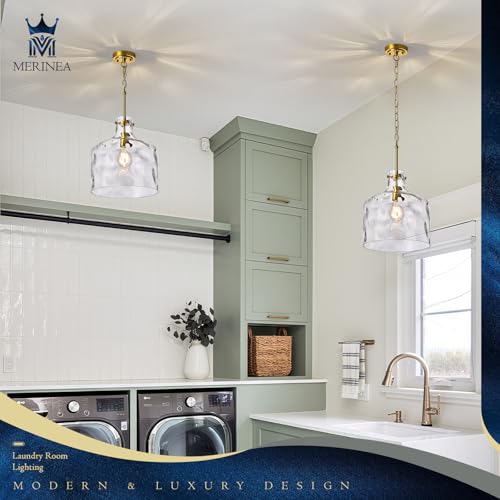 12" Farmhouse Pendant Light, Hand-Blown Clear Hammered Glass Hanging Light Fixture with Brass Gold Finish, Adjustable Chain Ceiling Light for Kitchen Island, Dining Room, Hallway, E26 Socket - color: Chain Gold