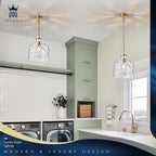 12" Farmhouse Pendant Light, Hand-Blown Clear Hammered Glass Hanging Light Fixture with Brass Gold Finish, Adjustable Chain Ceiling Light for Kitchen Island, Dining Room, Hallway, E26 Socket - color: Chain Gold