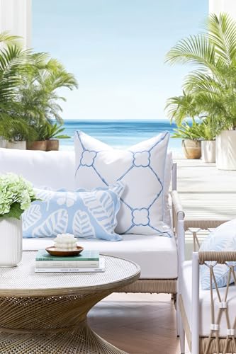 Hofdeco Premium Grandmillennial Coastal Hampton Patio Indoor Outdoor Lumbar Pillow Cover Only, 12"x20" Water Repellent for Backyard, Couch, Poolside, Baby Blue Print Palm Leaves and Hisbucs Flowers - color: Baby Blue Palm Leaves and Hisbucs Flowers 12"x20