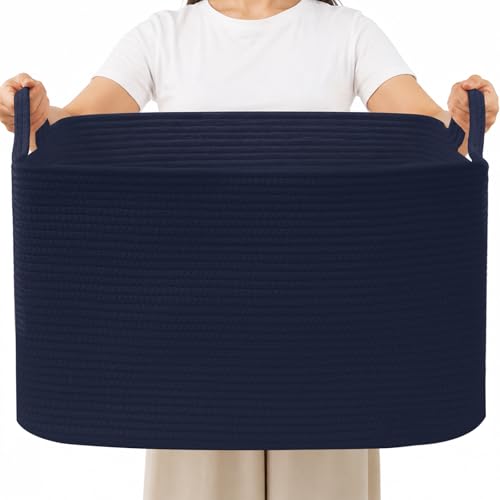96L Large Blanket Basket,24"x16"x15"Rectangle Storage Bin with Handles,Woven Rope Laundry Basket for Toys, Clothes,Magazines,Home Organization,Nursery,Living Room & Bedroom,Navy - color: Navy, size: 24"x16"x15"(96L)