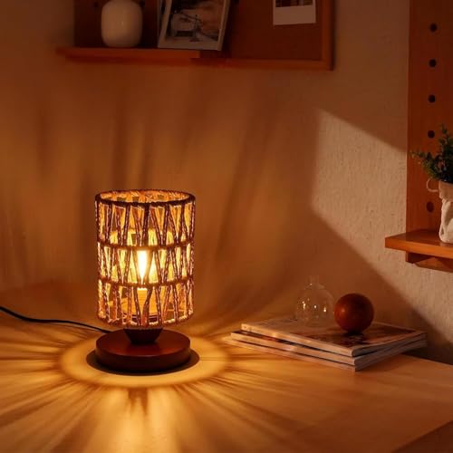 Handmade Rattan Lamp Farmhouse Table Lamp for Bedroom, Stepless Dimming Rustic Woven Lamps for Night Stands with Warm White LED Bulb, Boho-Inspired Boho Lamps for Living Room Kitchen Nook - color: Farmhouse - Dimmable