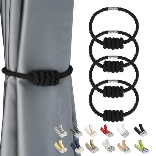 BEL AVENIR Magnetic Cotton Curtain Tiebacks, Decorative Drapery Holdbacks Modern Woven Tie-Backs with Exquisite Knot (Black Cotton, 4 Pack) - color: Black Cotton, size: 4 Pack