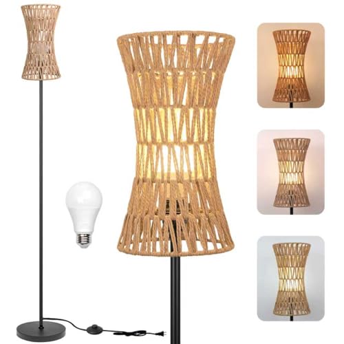 Ruiever Floor Lamp for Living Room,Farmhouse Floor lamp,Modern Standing lamp with Hand-Worked Rattan Shade (Slim Waist Rattan Shade-3 Color Bulb) - style: Slim Waist Rattan Shade-3 Color Bulb