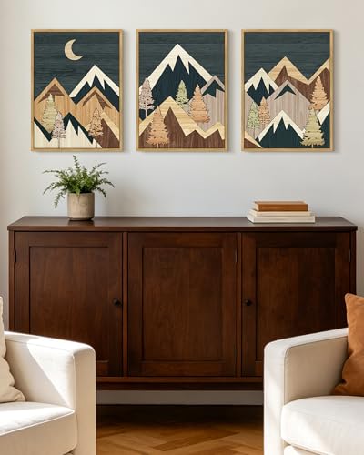 KUVIOKE Morden Mountains Framed Wall Art Boho Pine Tree Forest Nature Landscape Artwork Bohemain Farmhouse Rustic Bedroom Decor 12x16in (Natural Framed) - color: Wood Mountain, size: 12 x 16in x 3 Panels Natural