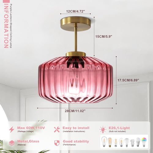 Purple Ceiling Light Glass Semi-Flush Mount with Gold Finish, Bedroom Light Fixtures for Bathroom Living Room Entryway Closet Light - color: Purple, 1-Light