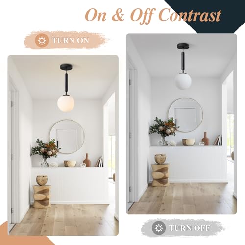 BOKT Mid Century Black Globe Pendant Lights Kitchen Island Industrial Vintage Single Milky White Opal Glass Pendant Light Modern Adjustable Ball Hanging Light Fixtures for Living Room (Black) - color: Black