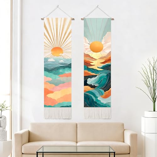 seewan 2 Pack Long Vertical Wall Tapestry, Boho Nature Landscape & Floral Aesthetic Wall Hanging for Bedroom Living Room Home Decor, Long Narrow Art Tapestry with Sunrise Mountain Botanical Designs, 13" × 51" (Geometric Sunset Waves, 13"Wx51"H, Unframed)