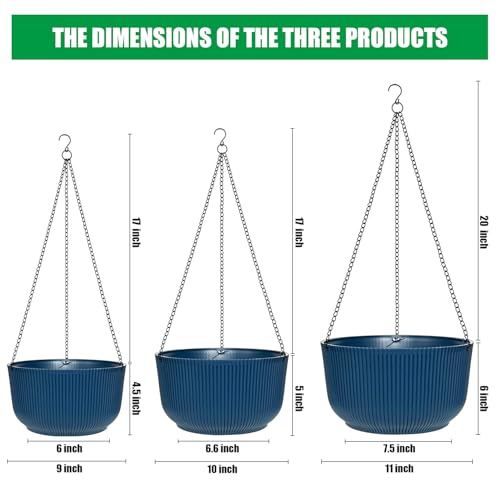 RooTrimmer Hanging Planters 9/10/11 Inch for Indoor Plants, 3 Pack Plant Hanger Outdoor with Drainage Holes, Self Watering Hanging Basket Flower Pot for Garden Home Decor, Dark Blue - color: Dark Blue