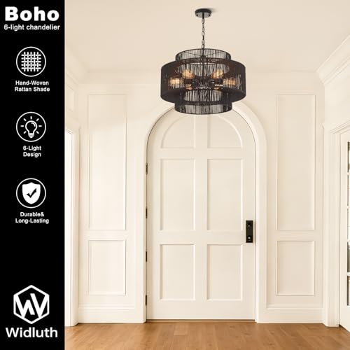 23.6" Black Rattan Chandelier, 6-Light Hand-Woven Boho Light Fixture, 3-Tier Drum Wicker Chandelier for Dining Room, Bedroom, Kitchen Island, Foyer - color: black 23.6"