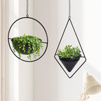 Metal Hanging Planters Set of 2 Modern Indoor Plant Hanger with Round and Diamond Pots, Geometric Small Wall and Ceiling Hanging Plant Holders for Succulents and Herbs, Black Finish - size: CIRCLE+DIAMOND