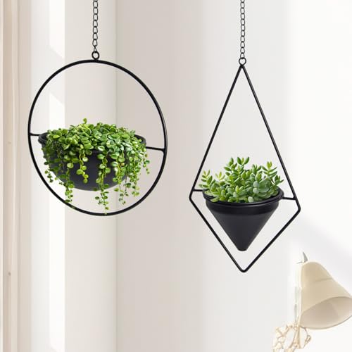 Metal Hanging Planters Set of 2 Modern Indoor Plant Hanger with Round and Diamond Pots, Geometric Small Wall and Ceiling Hanging Plant Holders for Succulents and Herbs, Black Finish - size: CIRCLE+DIAMOND