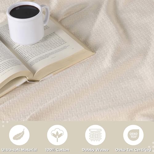 Superior Nobel Cotton Blanket, for Picnic, Beach, Traveling or Camping, Bedroom Essentials, Cover for Bed, Couch, Lounging, Textured Jacquard, Classic Chevron Woven Blanket, Full/Queen, Ivory - color: Ivory, size: Full/Queen