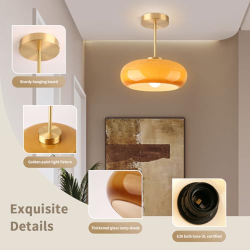 Brass Modern Hallway Ceiling Light - Orange Glass Ceiling Lamp with Dome Shade, Gold Mid Century Semi Flush Mount, Bedroom Entrance Light Fixture - color: Orange