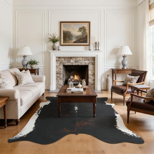 BENRON Premium Cowhide Rug, Faux Cow Hide Rugs for Living Room Bedroom, Cute Animal Hides and Skins for Kids Nursery Western Home Decor, Black, Brown, 4.6 x 5.2ft - color: Black Brown, size: 4'7" x 5'2" (Irregular)