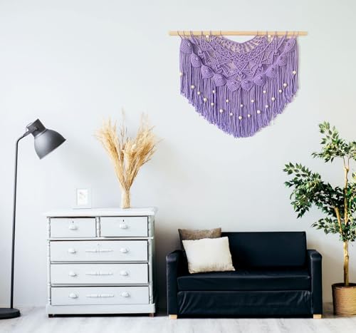 Youngeast Large Macrame Wall Hanging Boho Beaded Curtain for Window Macrame Bedroom Headboard Living Room Wall Art Tassel Tapestry Bohemian Woven Wall Decor 31" W X 25" H (Purple) - color: Purple