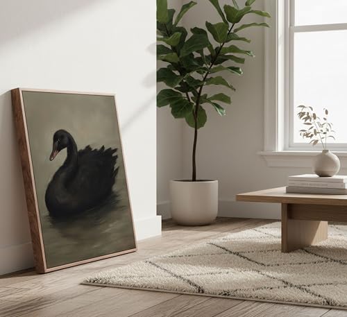 Framed Vintage Black Swan Canvas Wall Art Moody Animal Picture Dark Victorian Gothic Aesthetic Poster Print Rustic Farmhouse Antique Painting Wall Decor for Living Room Bedroom Kitchen 12x16in - color: Black Swan, size: 16"L x 12"W
