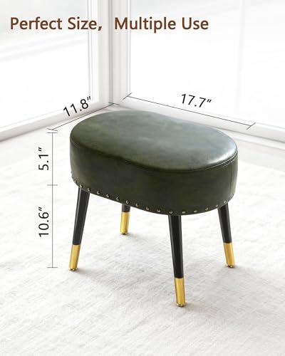 LITZFUR Vanity Stool Chair for Makeup, Pu Leather Oval Footrest, Vintage Rivet Ottoman Bench with Metal Legs, Dressing Stool for Batheroom, Living Room, Entryway, Green - color: Green