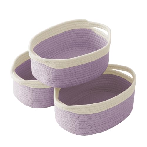 JMvicyroam Woven Basket,Small Rope Storage Bin with Handles & Ribbon Bag, Organizer for Shelves Closets,Gift Basket Empty for Birthday,Books,Dog Toys, White&Purple/3 Pack - color: White&Purple, size: 3 Pack