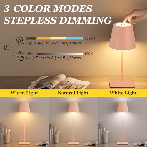 Kakanuo Pink Cordless Rechargeable Table Lamp 5000mAh Battery Operated Lamps, 3 Colors Stepless Dimming Touch Lamp for Living Room, Kitchen Counter, Dining, Outdoor Patio, 2 Pack - color: Pink, size: 2 Pack 14in - Up and Down Light