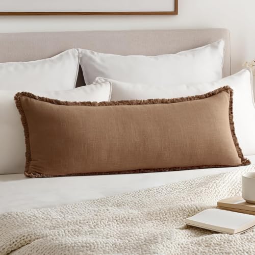 MIULEE Decorative Throw Pillow Covers Neutral Linen Fringe Throw Pillows Set of 1 Brown Boho Farmhouse Cushion Covers for Couch Sofa Bed Living Room Spring Home Decor 14x36 Inch - color: Brown