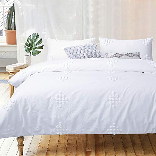 YINFUNG Textured Duvet Cover Tufted 100% Cotton Clipped Dot White Boho King Shabby Chic Pom Jacquard Geo Elegant Pretty Cute Duvet Cover Set 104x90 Diamond Bohemian Bedding Set Zip - color: White, size: King