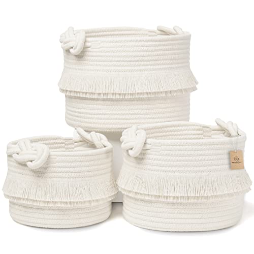 NaturalCozy 3-Piece Decorative Storage Basket Set – Cotton Rope Woven Baskets for Organizing! Small Storage Bins for Nursery Baby Stuff, Gift, Montessori, Dog Toy Bin, Cat Toys, Bathroom Shelves - color: Off White