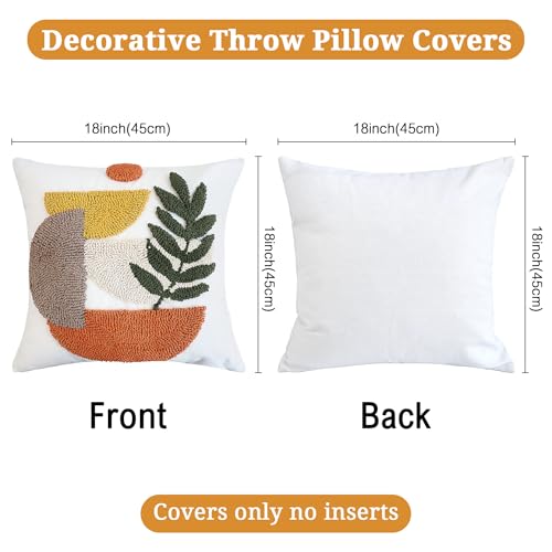 Boho Accent Pillow Covers 18x18- Tufted Abstract Modern Square Throw Pillow Covers, Farmhouse Decorative Pillowcase for Couch, Sofa, Bed, Living Room -Orange Beige Geometric Dark Green Leaf - color: Botanical Geometry Tufted