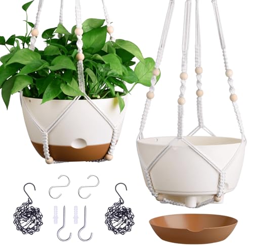 Set of 2-10 Inch Hanging Planters for Indoor Plants with Self-Watering Includes Hanging Pots for Plants, Outdoor Hanging Plant Pot with Drainage, and 2 Types of Hanging Baskets Hangers (White, 10inch) - color: White, size: 10inch