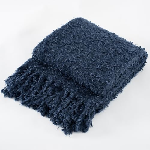 Winter Knit Throw Blanket Fluffy Fuzzy Soft Lightweight Cozy Farmhouse Tassels Chunky Knitted Throws for Couch Sofa Bed (Navy Blue, 50"x60") - color: Navy Blue, size: 50"x60"
