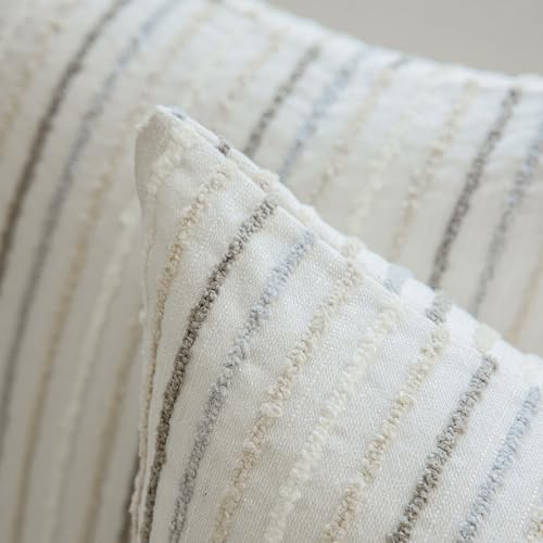 Set of 2 Multicolor Candlewick Striped Boho Throw Pillow Covers, Textured Cotton-Linen Woven Pillow Covers for Couch and Bed - 18"x18", Cream