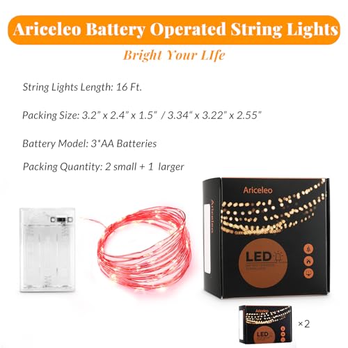 Ariceleo Led Fairy Lights Battery Operated, 2 Packs Mini Battery Powered Copper Wire Starry Fairy Lights for Bedroom, Christmas, Parties, Wedding, Centerpiece, Decoration (5m/16ft Red) - color: Red, size: 2 Pack