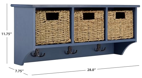 SAFAVIEH Home Collection - Finley Blue Wall Mounted 3-Basket Storage Rack with Hooks & Seagrass Baskets (HAC5700F) - color: Blue